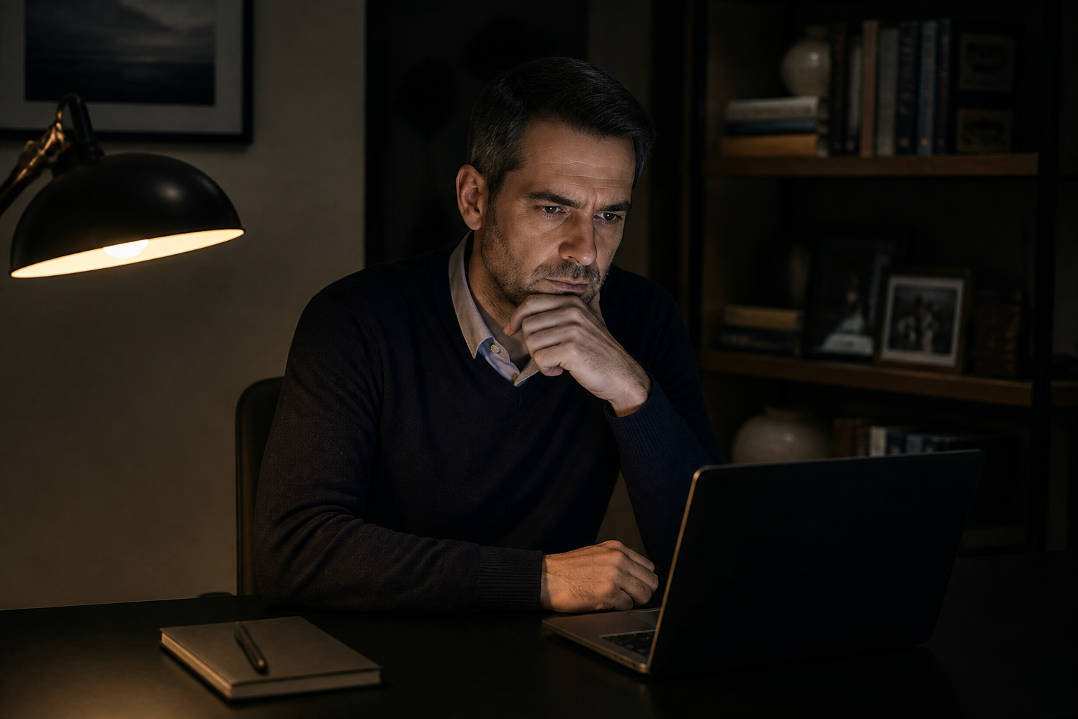 An expert investor at a quiet home desk at night.