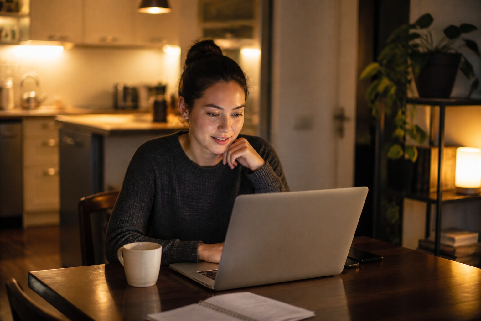 A beginner investor at a kitchen table in the evening, laptop open.