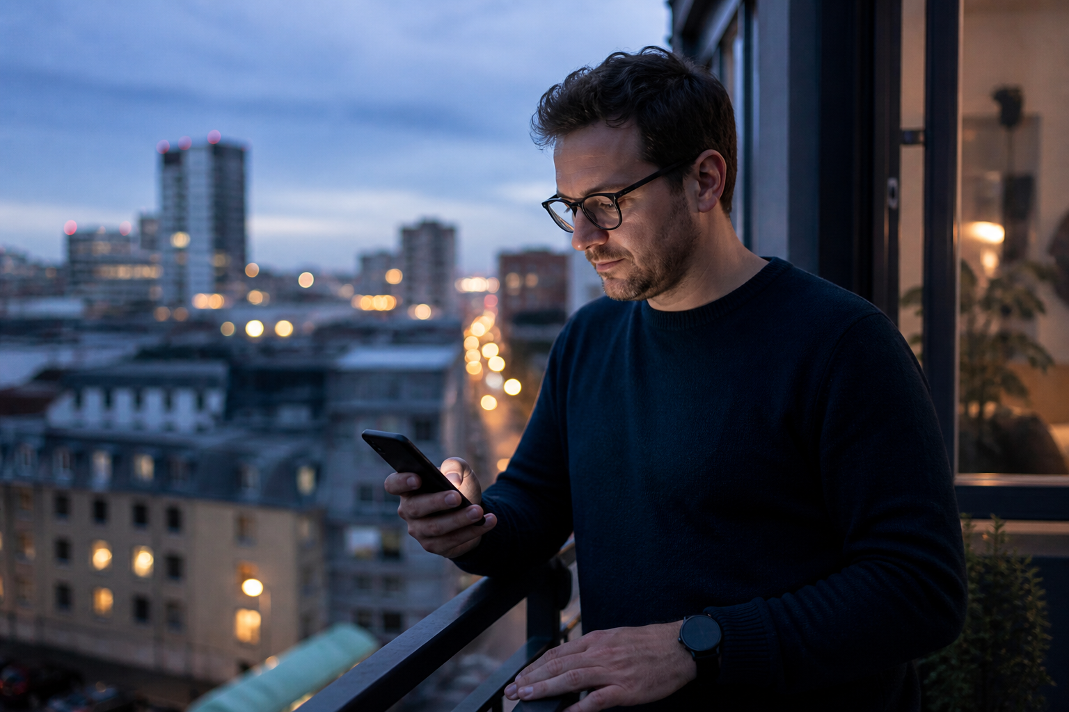 An intermediate investor on a balcony at dusk, checking a phone.